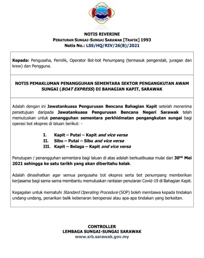 Express boat services in Kapit division suspended until further notice