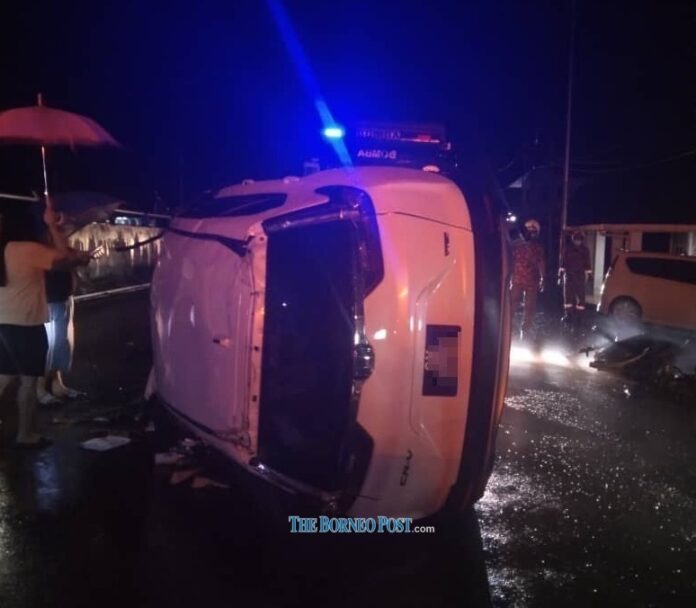 SUV flips onto its side on Serian flyover