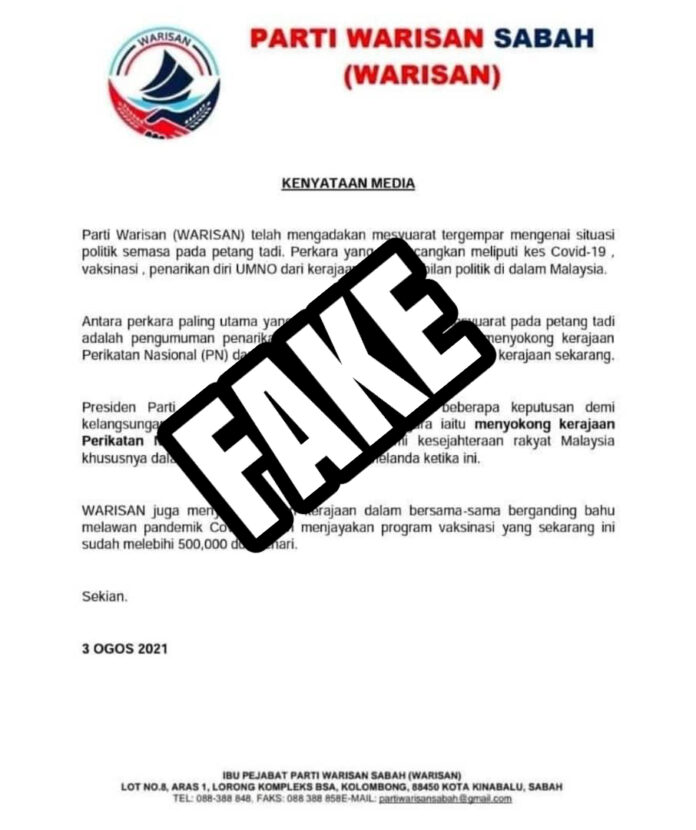 Warisan denies it is supporting govt