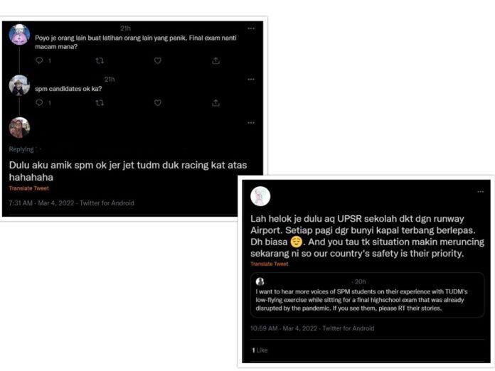 Some SPM students take to Twitter to complain on distraction from RMAF's training exercises drill during their exams