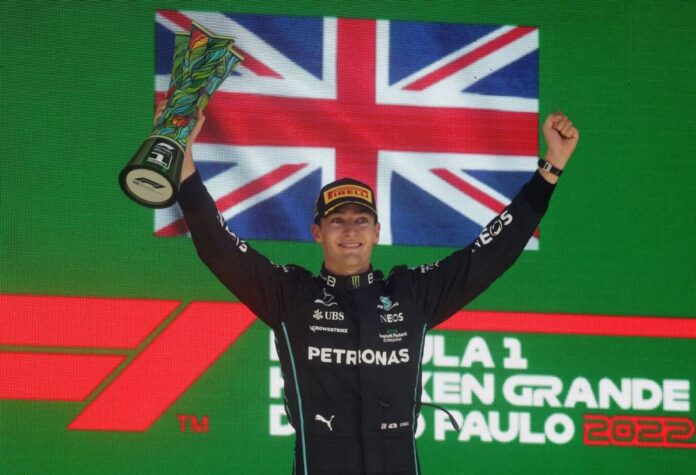 Teary Russell takes first GP win in Mercedes one-two